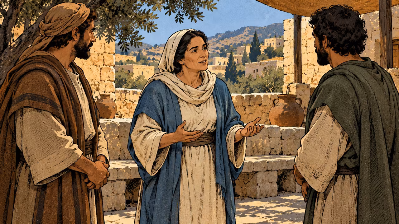 A mature woman calmly addresses two attentive grown listeners in a plain courtyard.