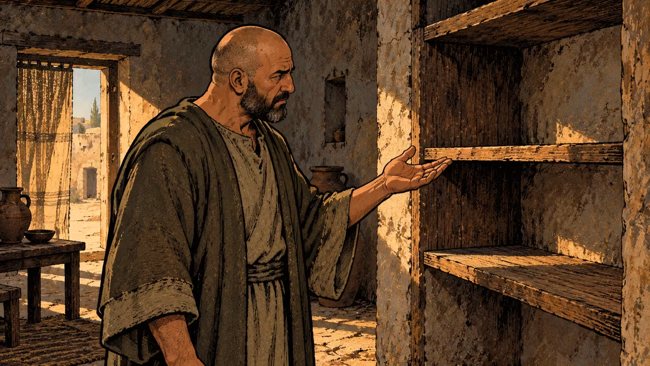 A grown man with a skeptical expression searches an empty household shelf.