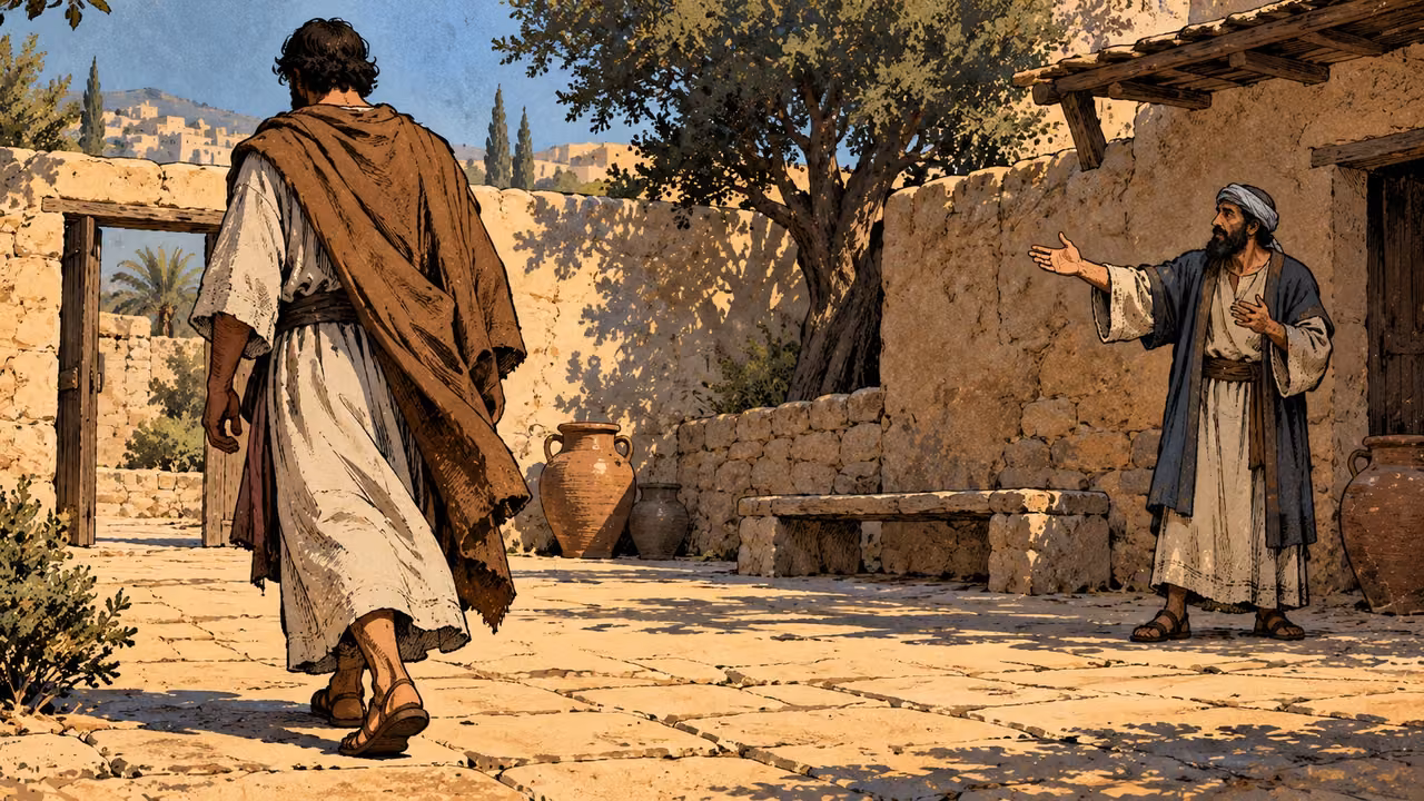 A grown listener walks away across a courtyard from a separated gesturing speaker.