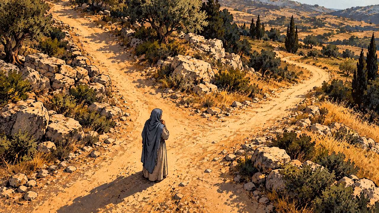 A mature woman in a slate-blue cloak pauses to consider two branching country paths.