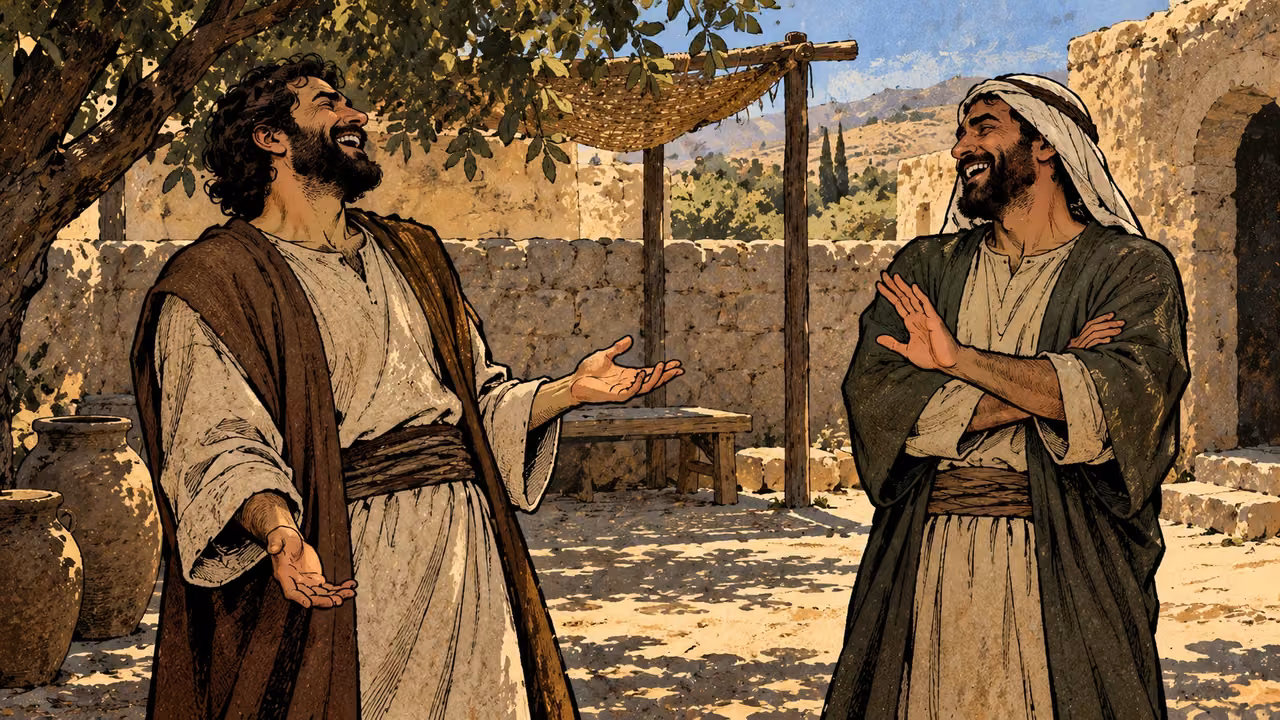 Two grown men exchange dismissive laughter in a plain courtyard.