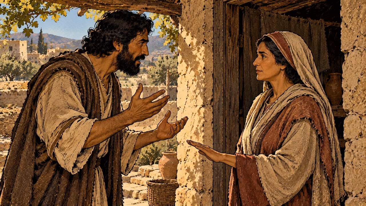 A calm woman holds one palm low toward a tense man gesturing in an ordinary doorway.
