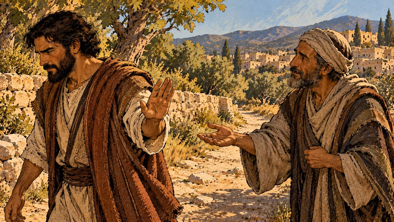 A grown man turns away with a raised refusing palm as an older adviser offers a calm open hand beside a path.