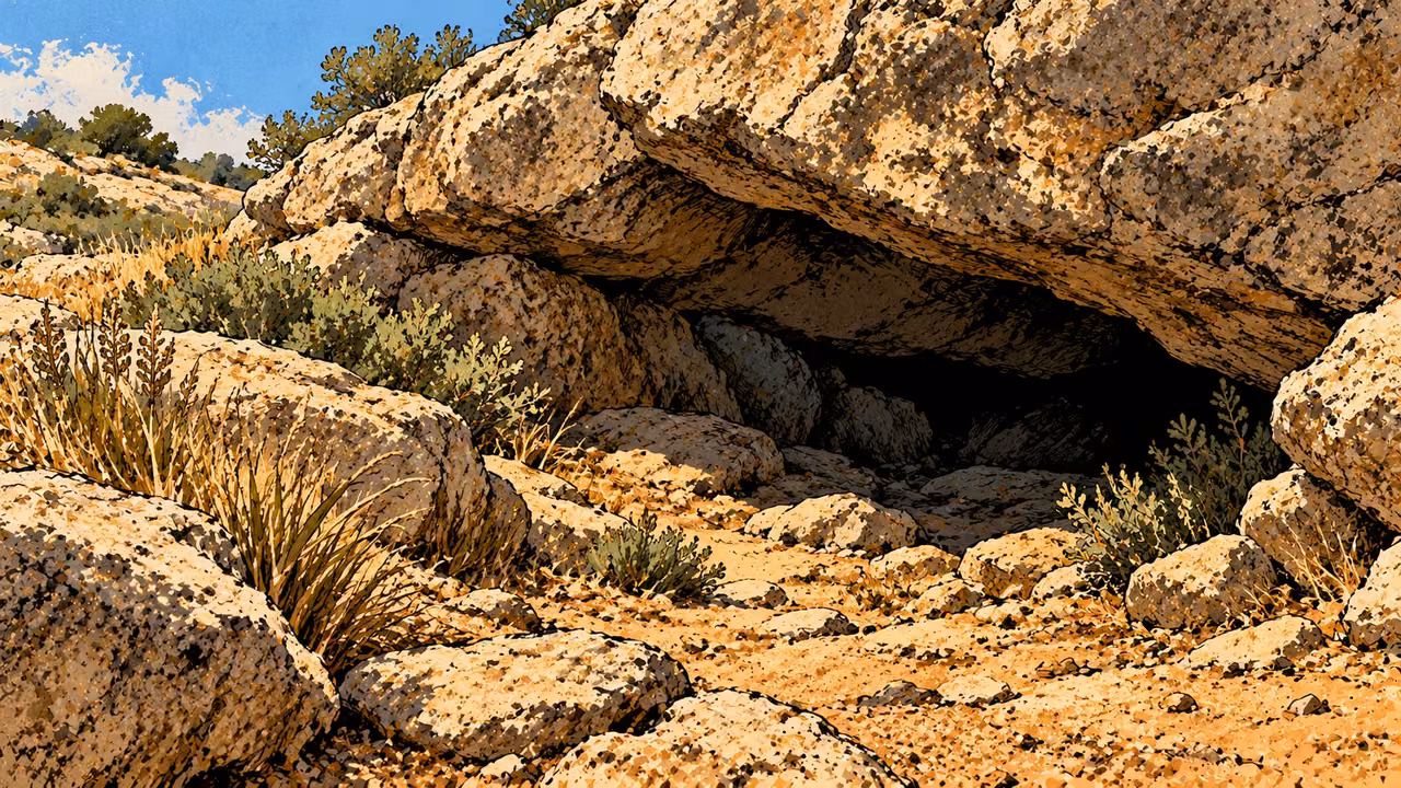 A deep shadowed cavity opens beneath rough natural rock, surrounded by ordinary dry ground and small plants.