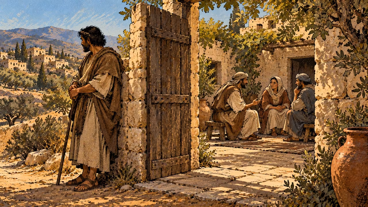 An adult stands looking away outside an open courtyard gate while three mature adults converse quietly within.