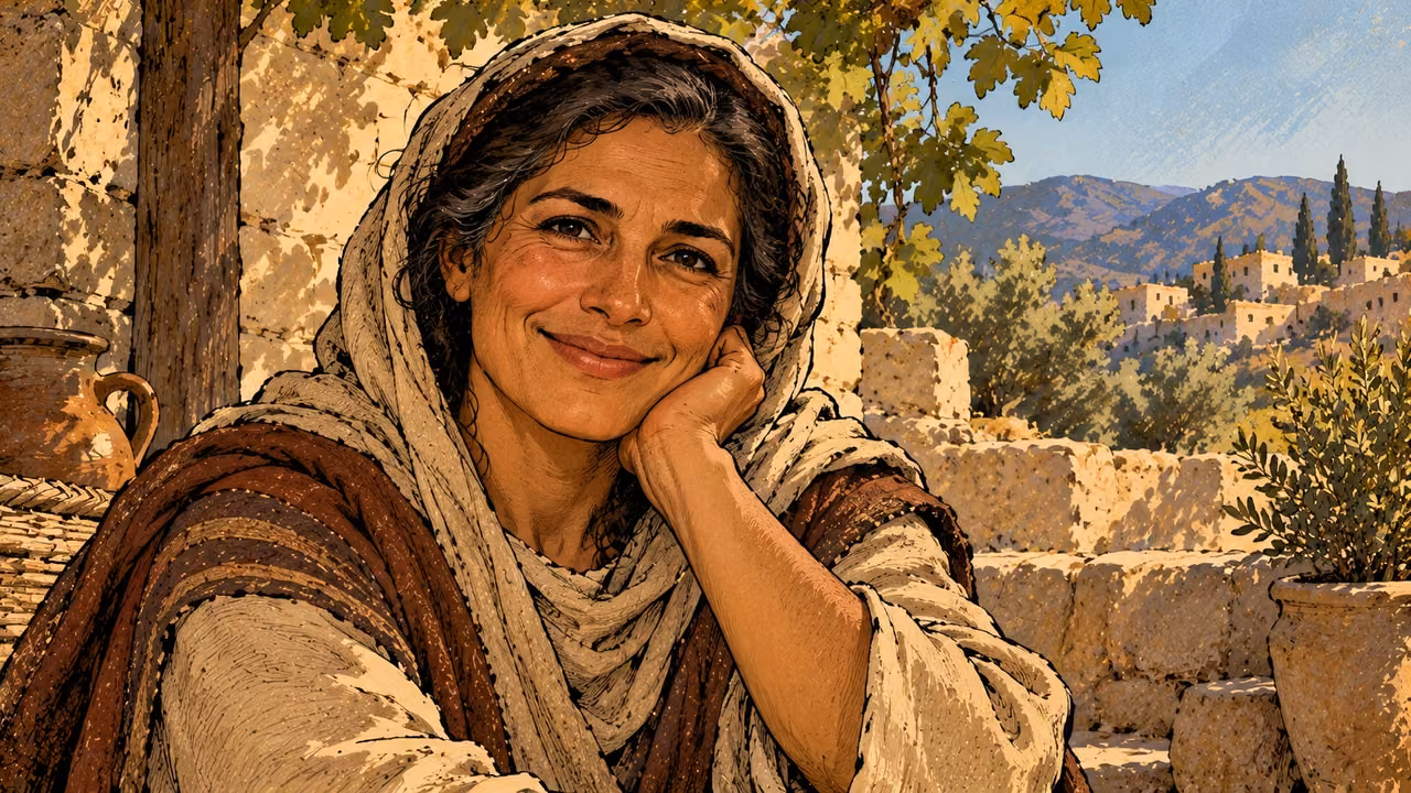 A mature woman smiles gently with her cheek resting on one hand beside a sunlit courtyard.
