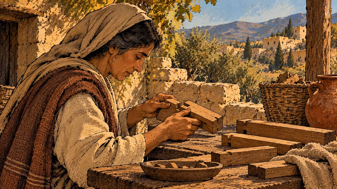 A mature woman carefully examines a fitted wooden joint at a workbench.