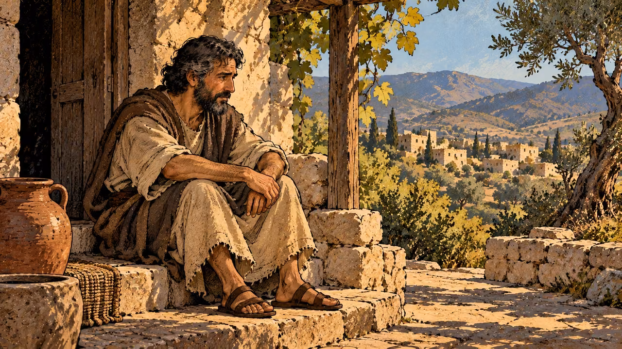 A sober man in worn clothes sits with empty hands at a stone household threshold.