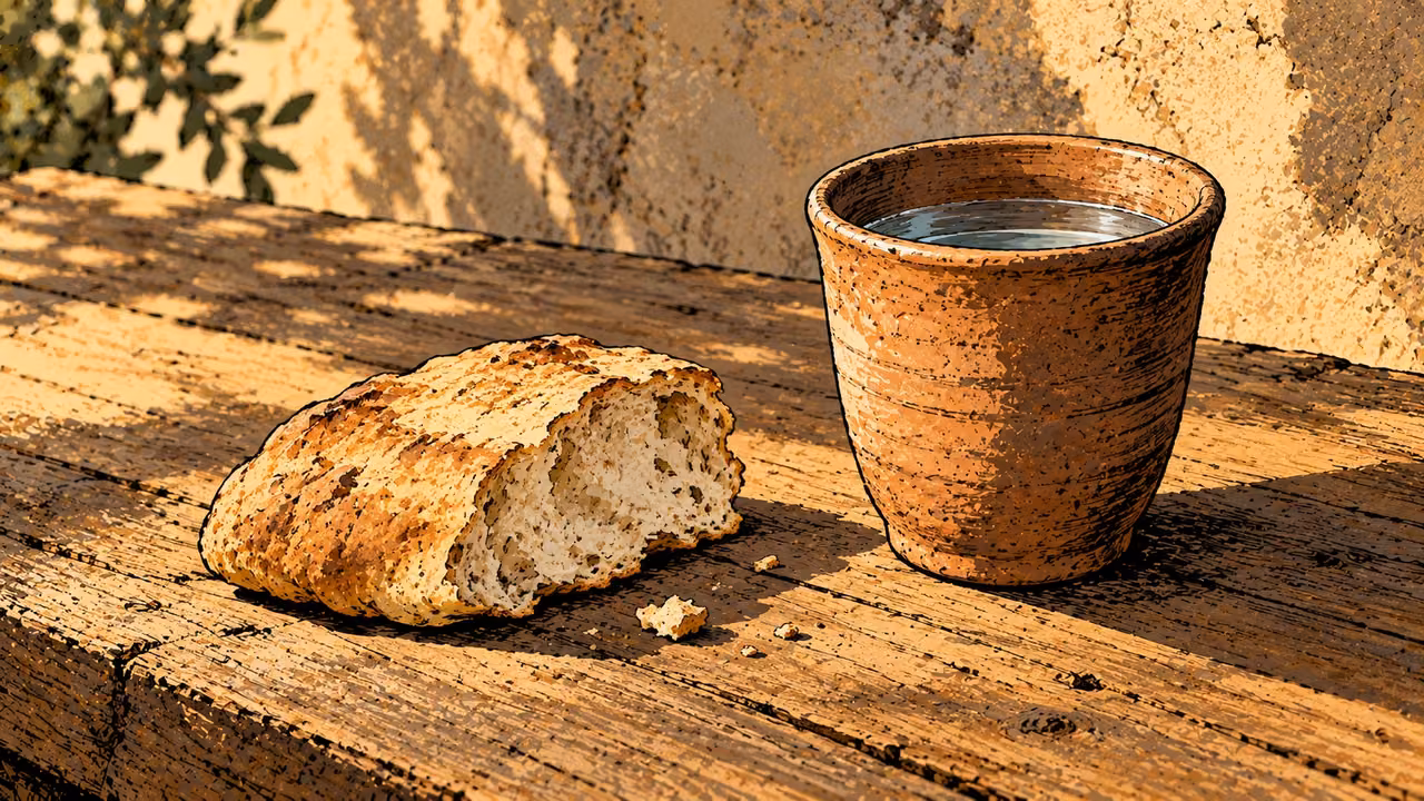 A piece of bread and a clay cup of water rest neatly on a bare wooden table.