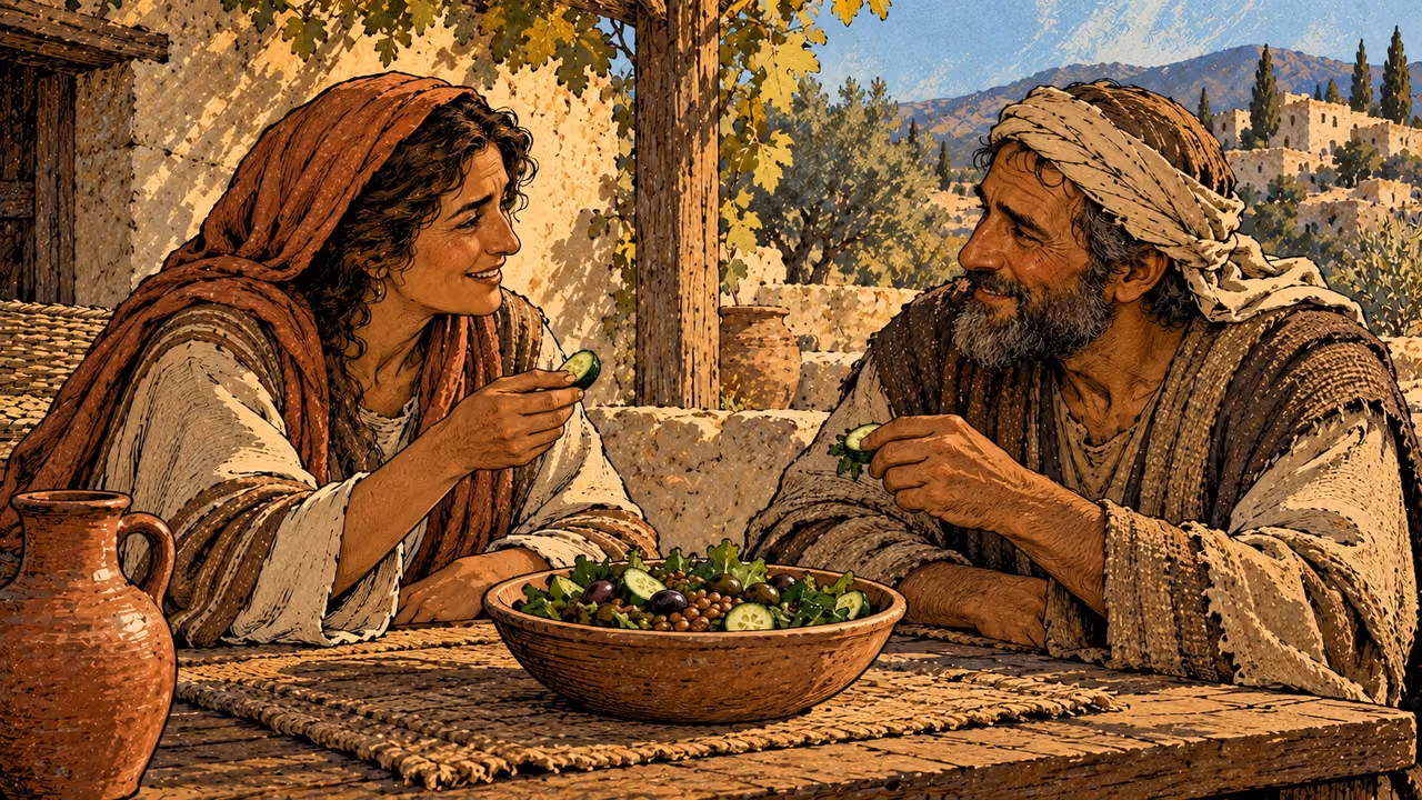 Two mature companions smile toward one another while sharing a bowl of vegetables.
