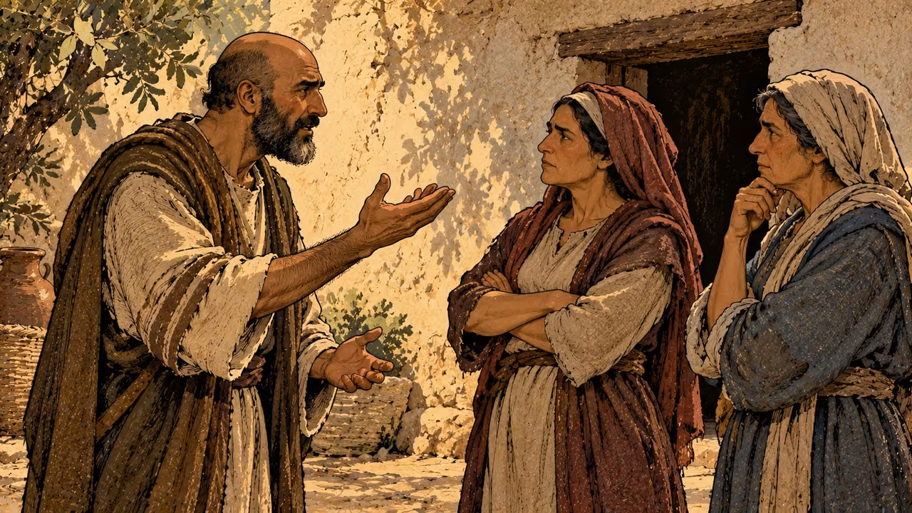 A tense speaker raises an open palm toward two women standing stiffly by a doorway.