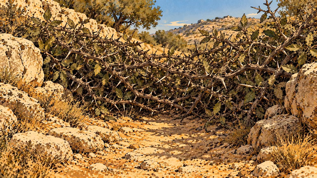 A dense hedge of thorny branches blocks a narrow stony path.