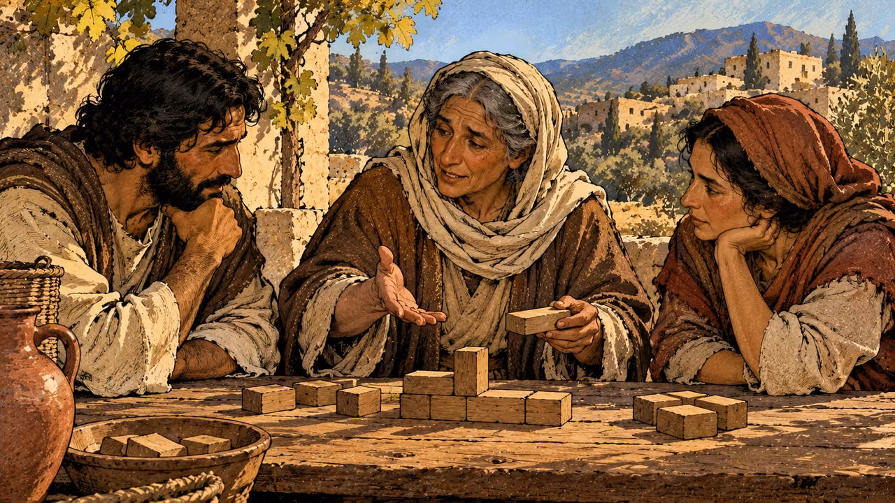 A gray-haired woman explains an arrangement of plain wooden blocks to two attentive adult neighbors.