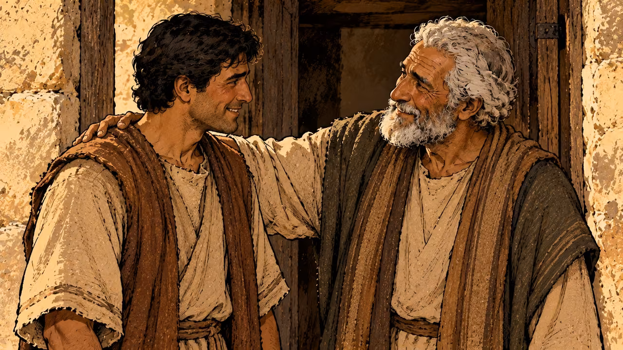 An elderly father smiles at his grown son with a gentle hand on his shoulder.