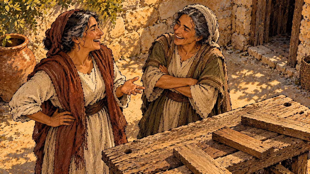 Two women laugh beside an unused workbench scattered with plain wooden pieces.