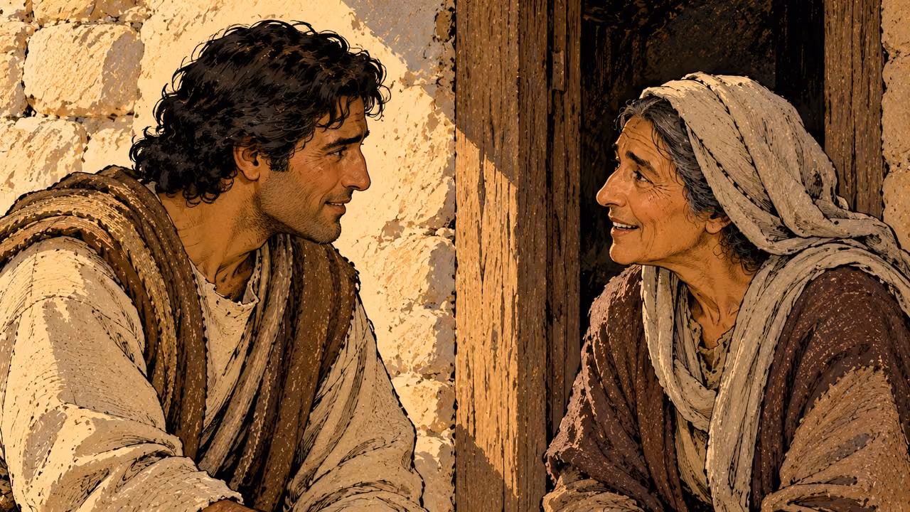 An older woman speaks with a warm smile as a grown man listens attentively.
