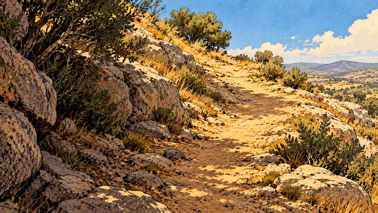 An earthen path rises from rocky shade toward an open sunlit ridge.
