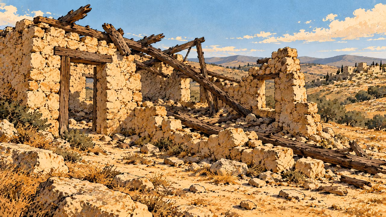 Broken roof timbers lie across the empty ruins of a stone house.