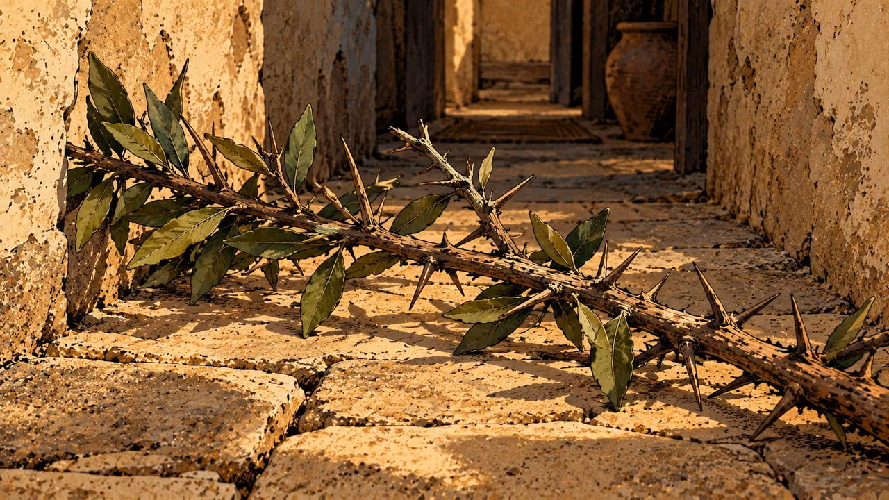 A thorny branch lies across a narrow stone household passage.