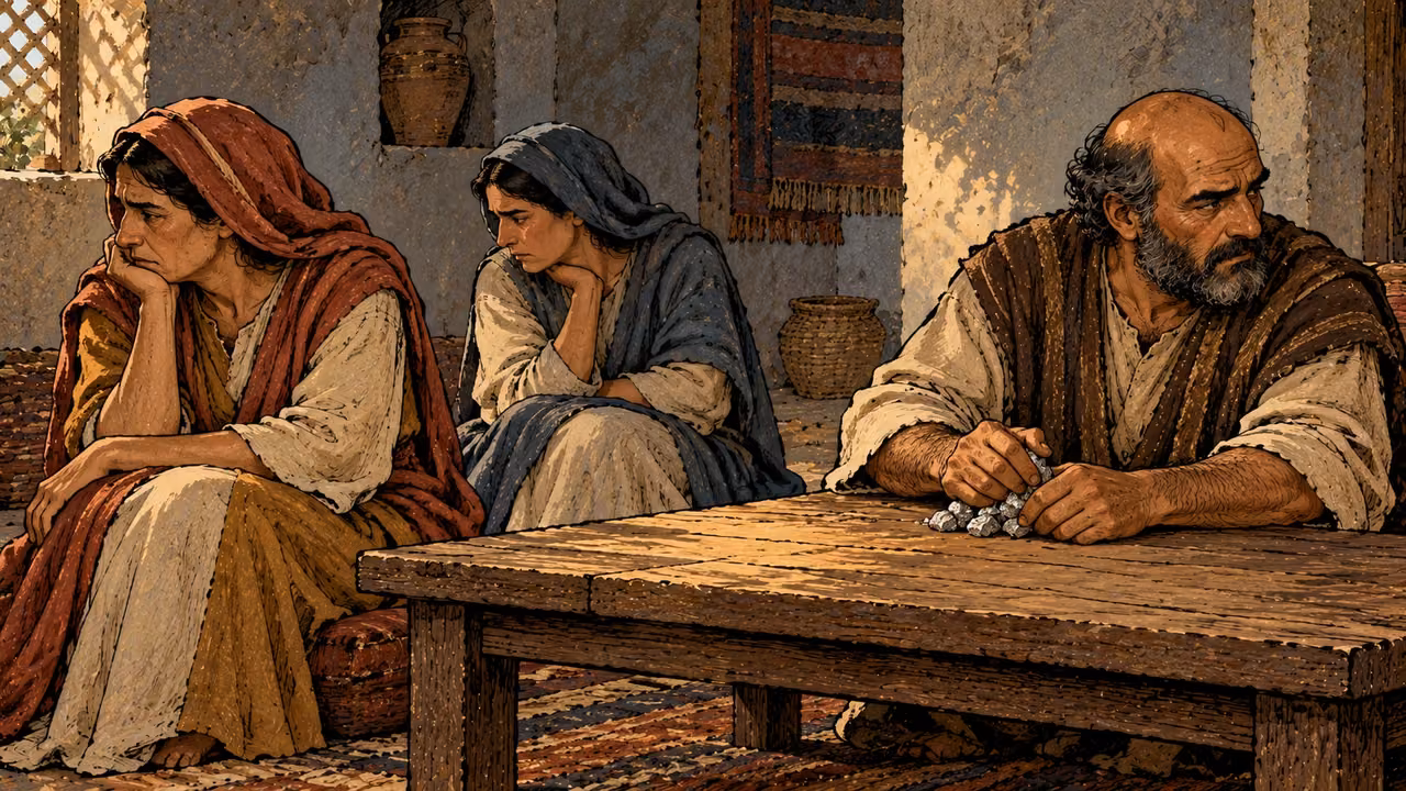 A man grips rough silver at a table while two household members sit with tense averted faces.