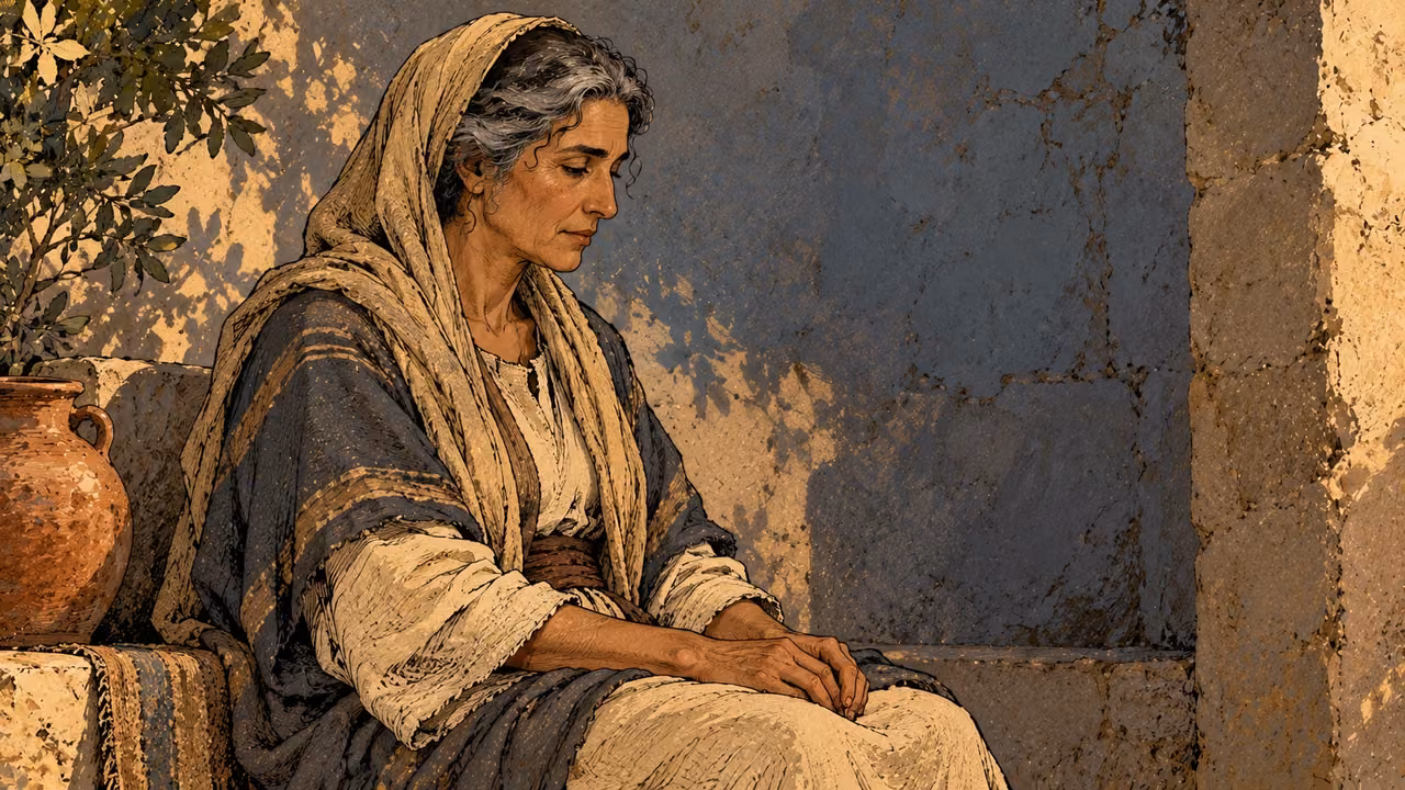 A woman sits thoughtfully with closed lips and relaxed hands in her lap.