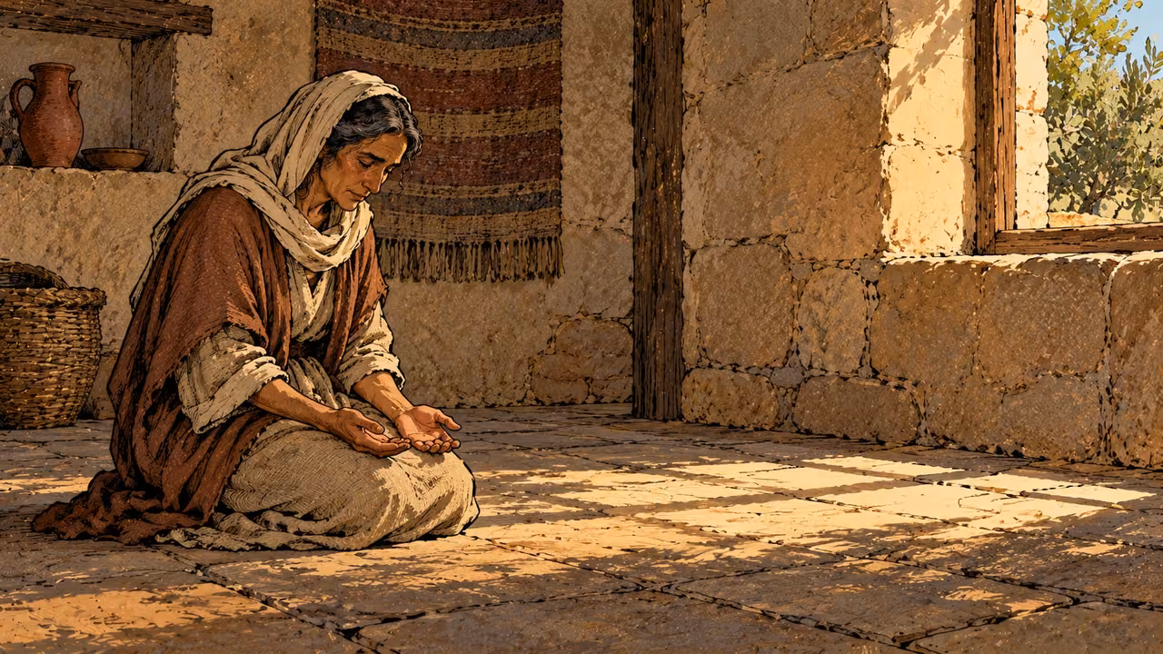 An older woman kneels with empty hands open in a quiet stone room.