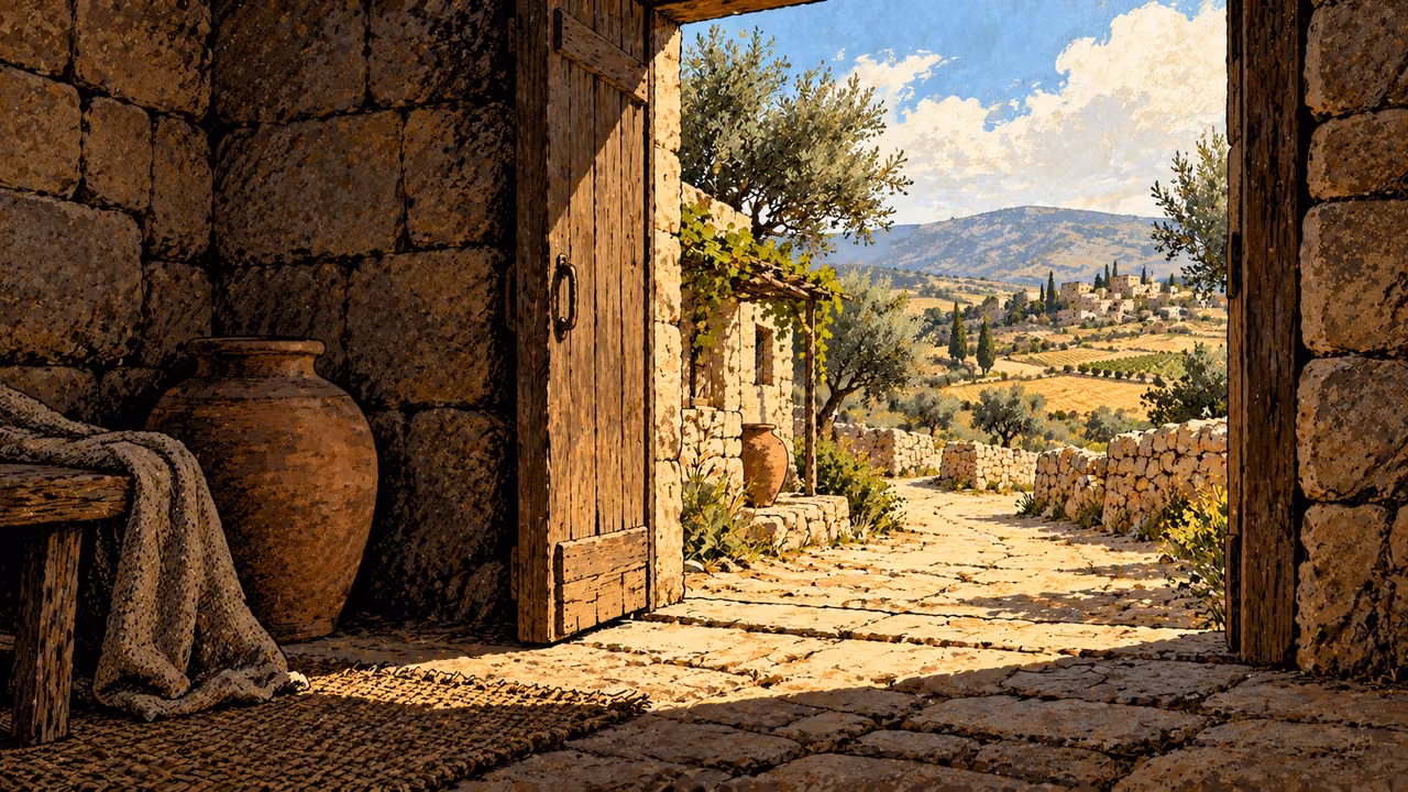 A shadowed stone room opens through a wooden doorway onto a sunlit village lane and distant cultivated fields.