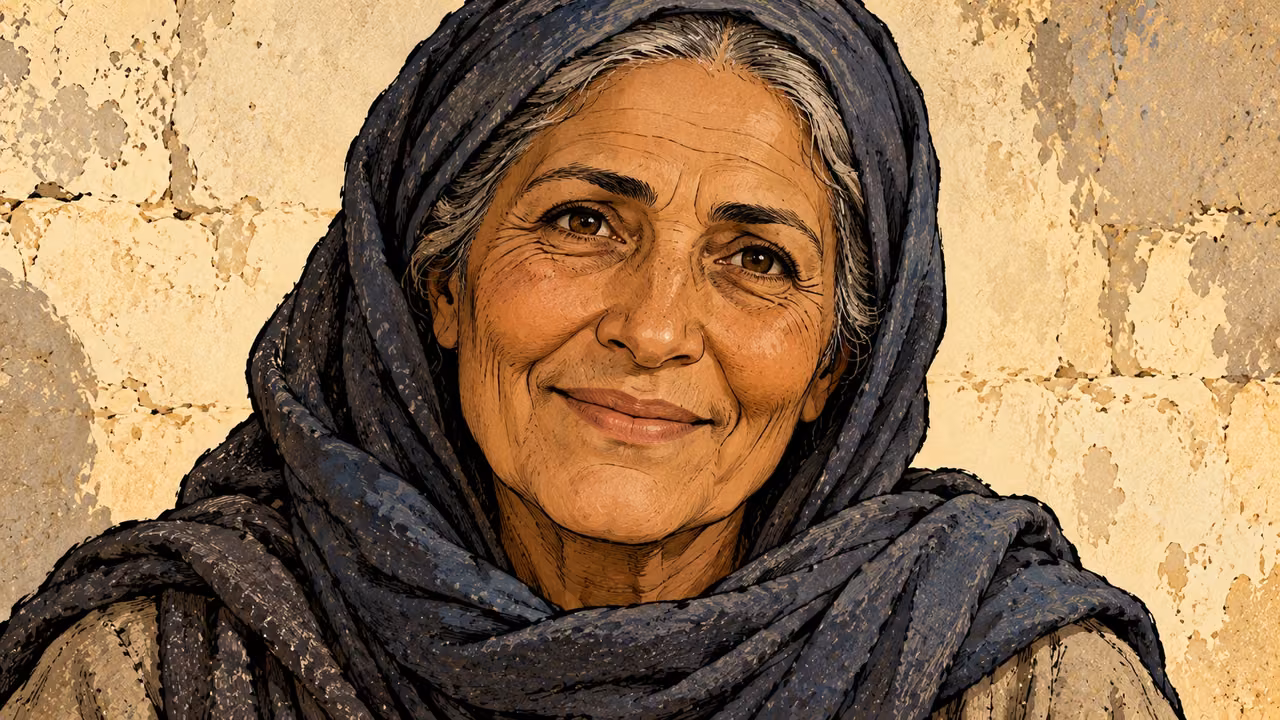 An older woman's bright eyes and gentle smile fill a close frontal portrait.