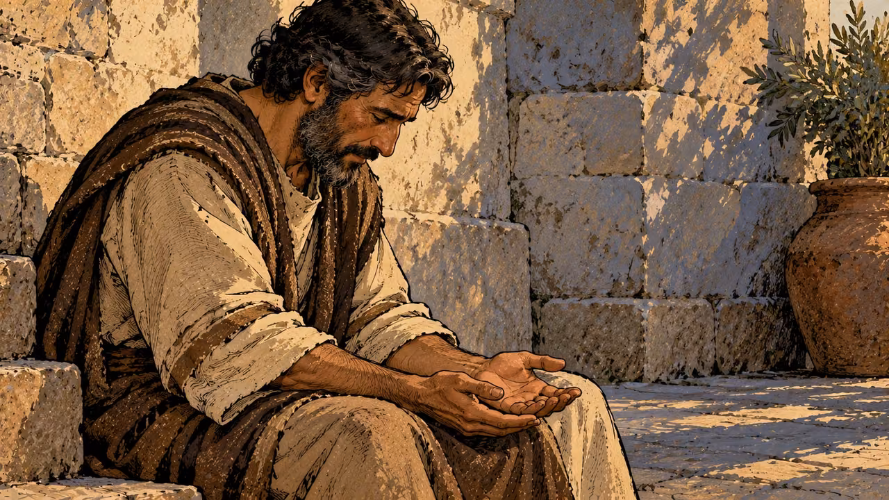 A seated man bows his head with empty palms open low in his lap.