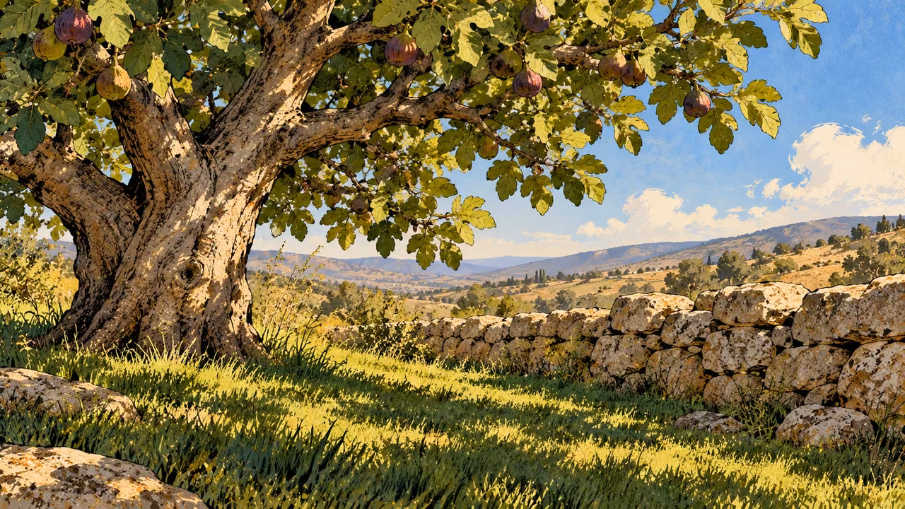 A healthy fig tree laden with natural fruit shades fresh grass beside a low stone wall.