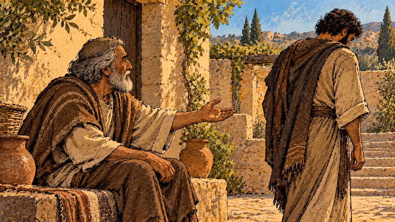 An elderly father holds out an open hand as his grown son turns his shoulder away in a courtyard.