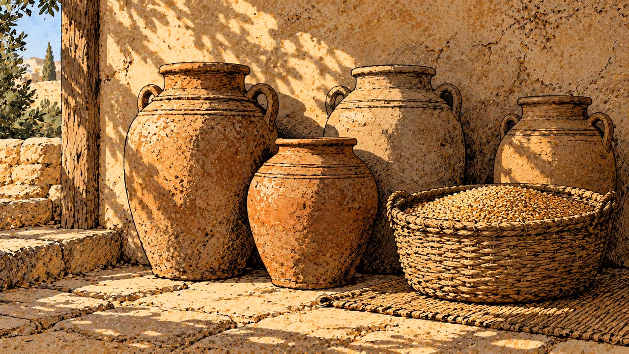 Four sound clay storage jars stand beside a filled woven grain basket along a modest household wall.