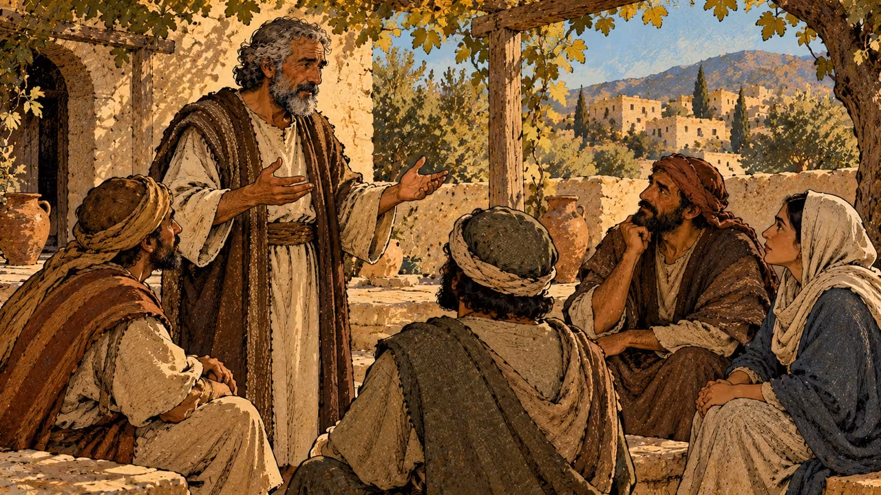 A mature standing teacher addresses four attentive adult neighbors seated in a shaded courtyard.