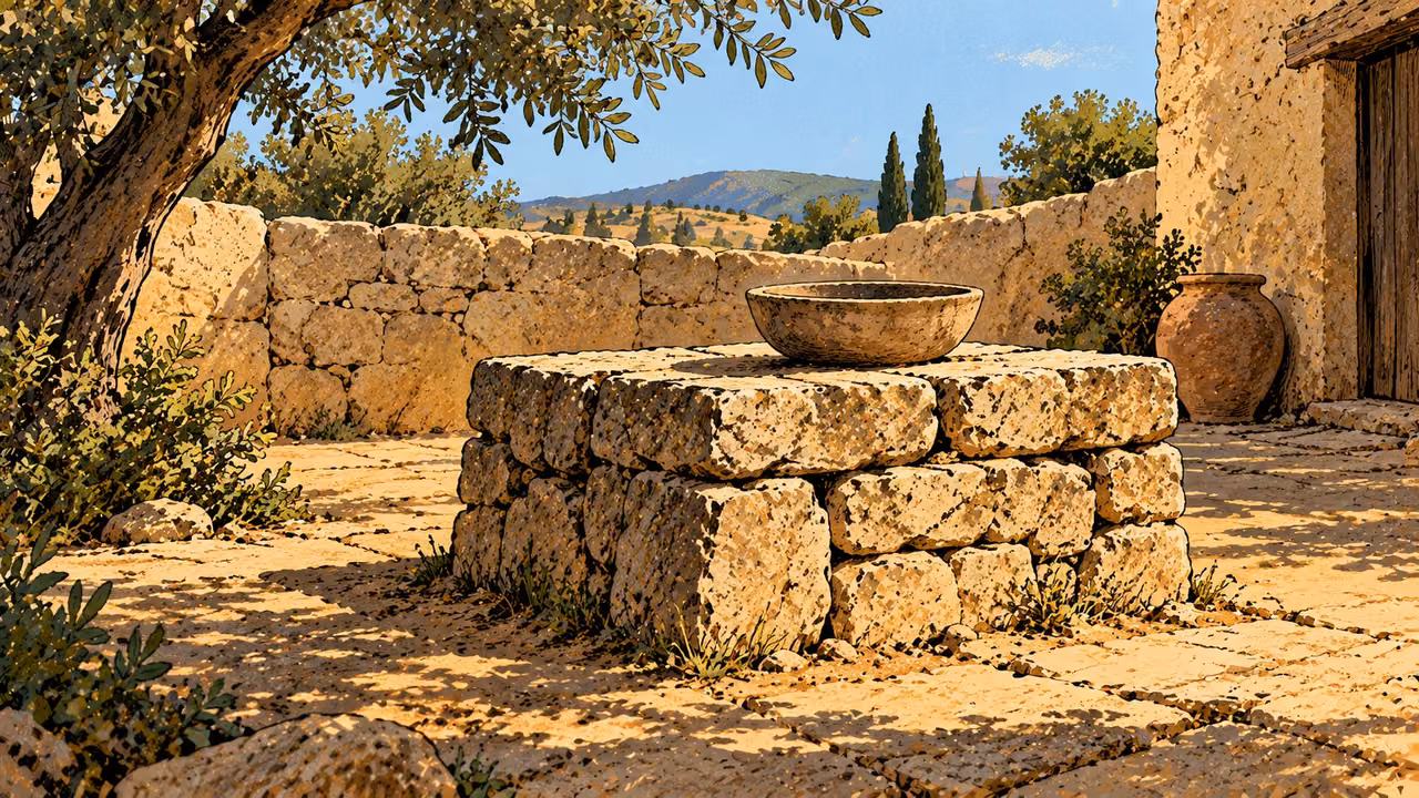 A plain low stone altar holds one uninscribed bowl in a quiet empty courtyard.