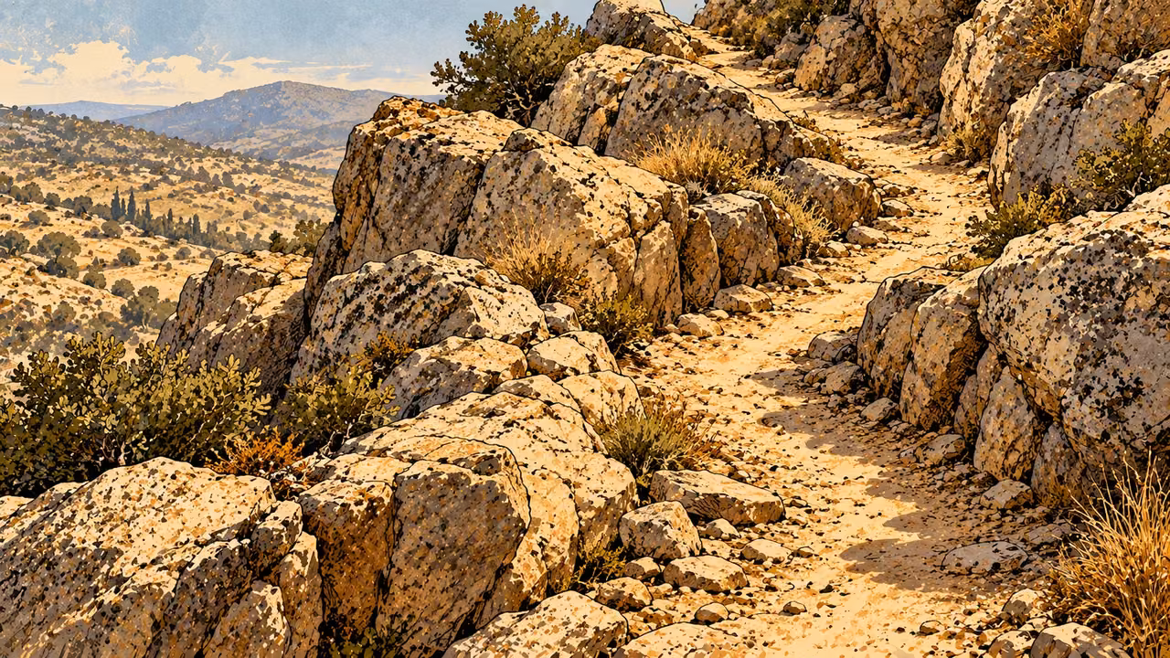 A narrow crooked path winds among jagged stones across dry rocky terrain.
