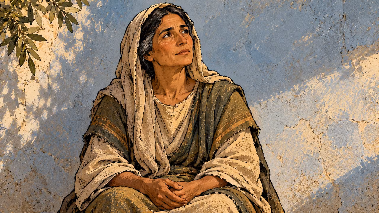 A seated woman pauses thoughtfully with closed lips and empty hands resting in her lap.