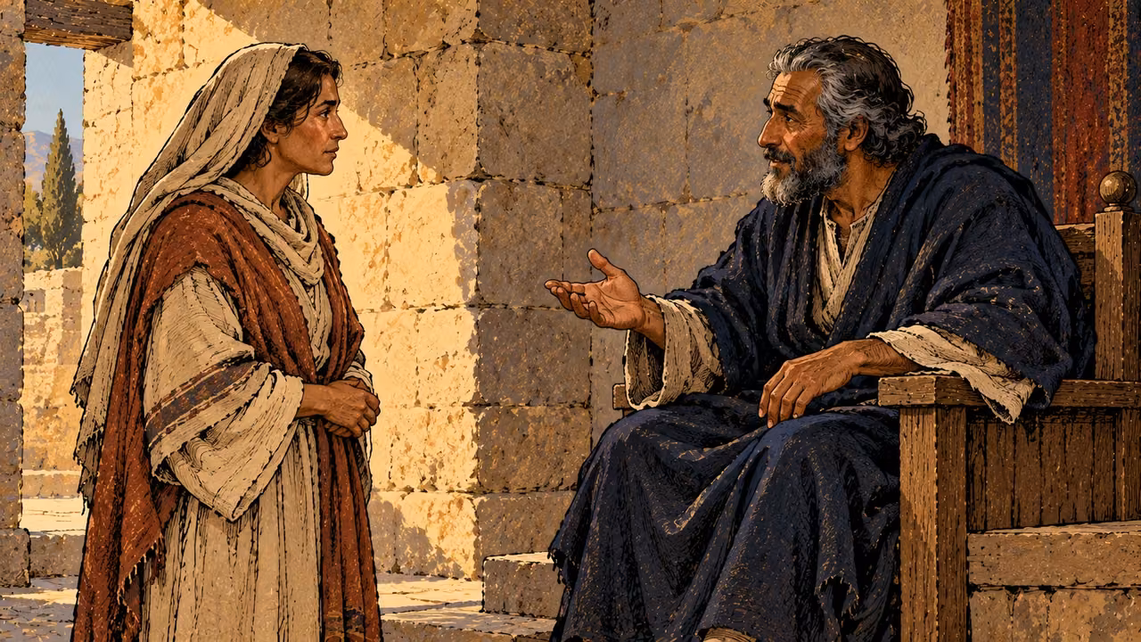 A seated ruler speaks with a low open hand to an attentive standing woman.