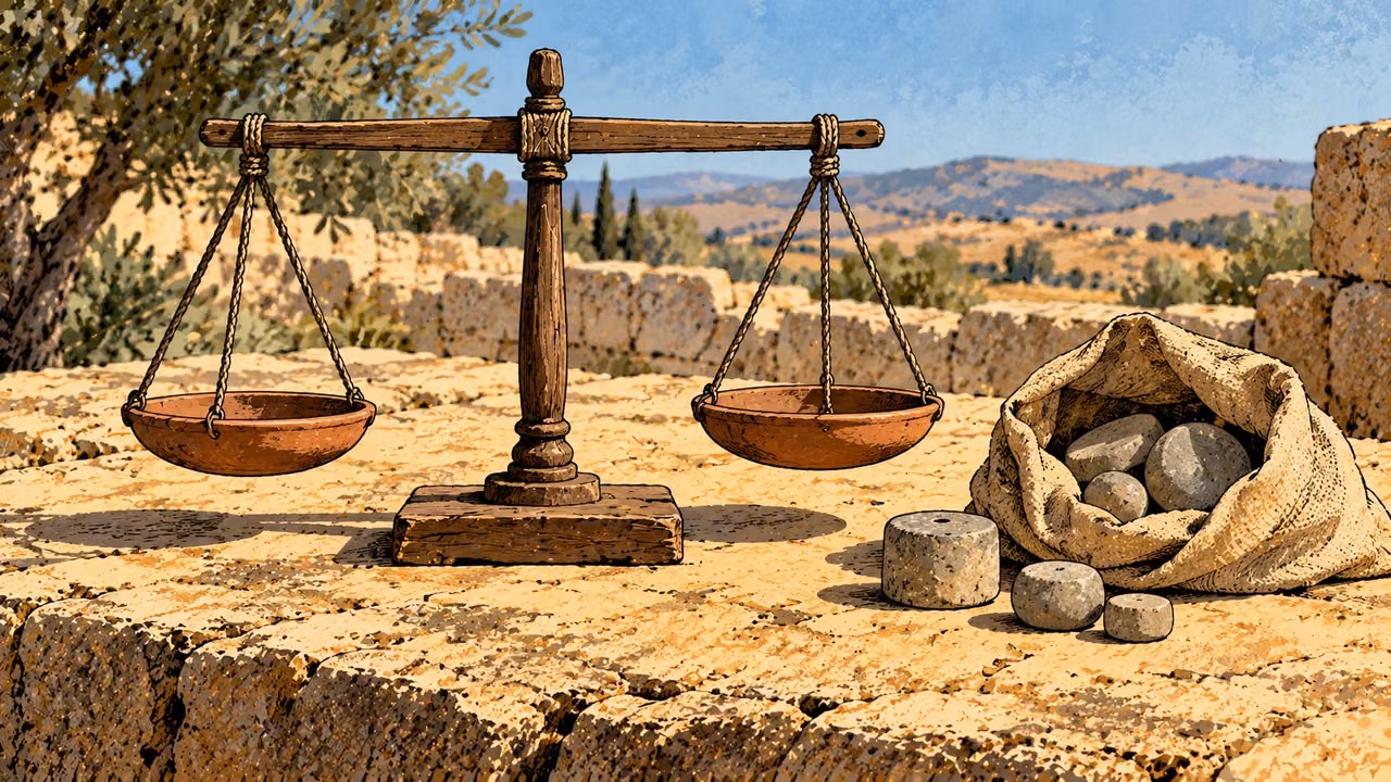 A level beam balance stands beside an open bag of unmarked stone weights.