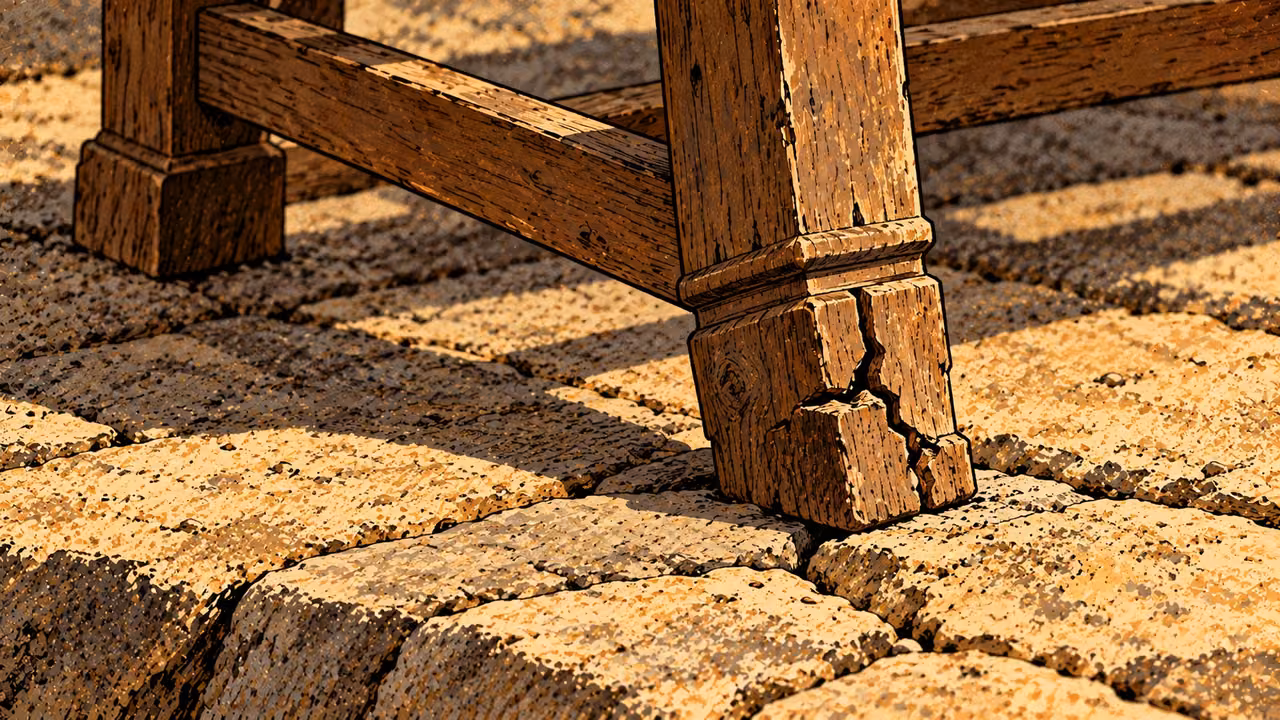 A deeply cracked wooden chair foot rests on uneven stone.