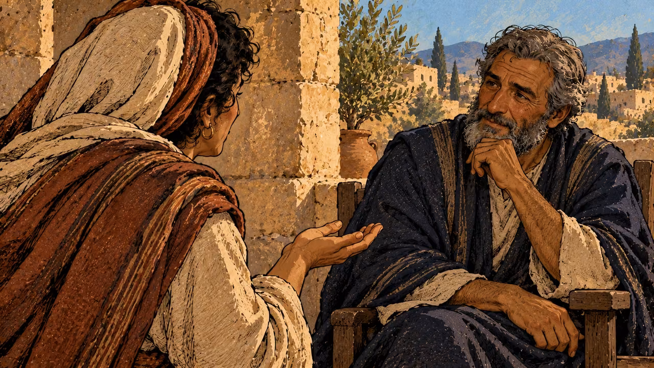 A woman speaks with a low open palm as a seated ruler listens warmly.