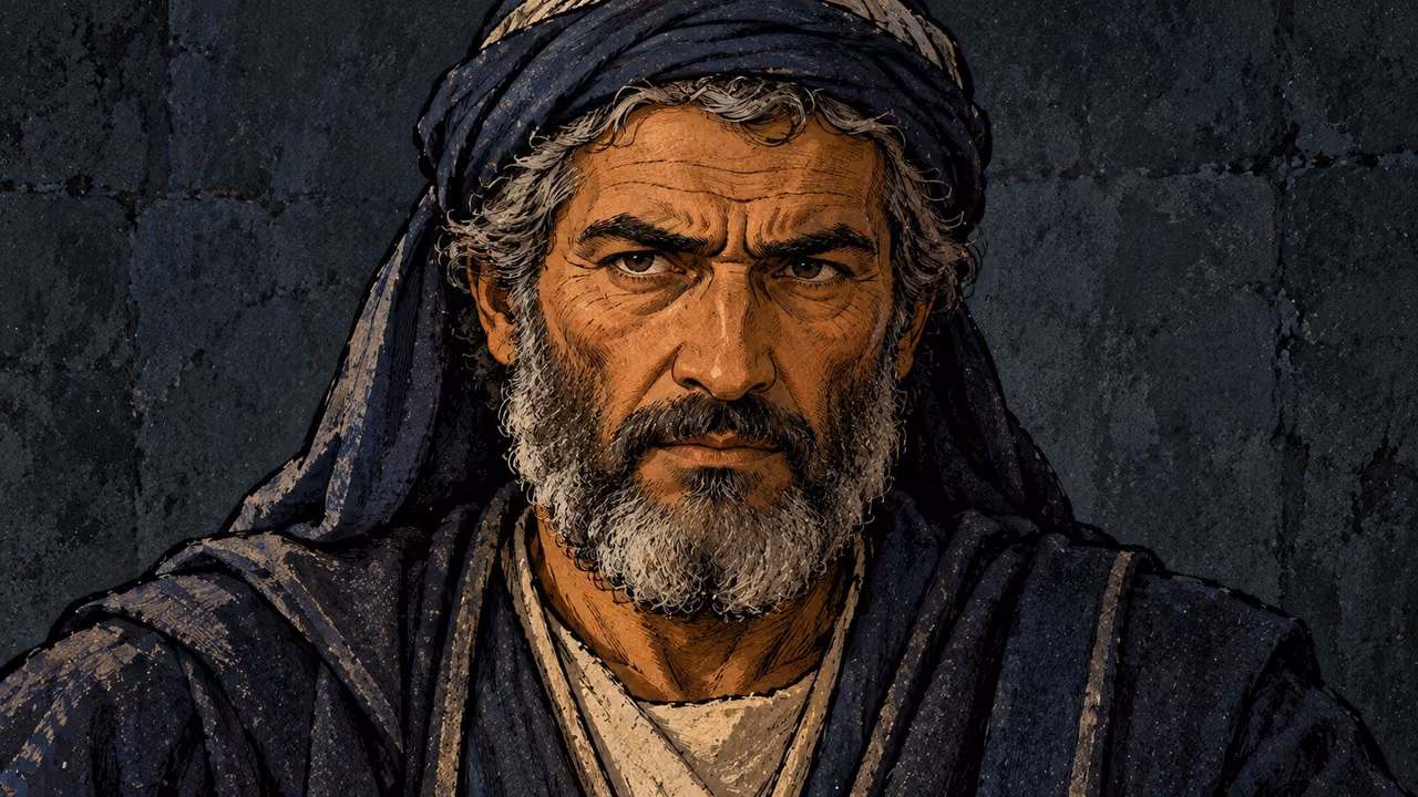 An older ruler looks sternly ahead with tense brows and a closed mouth.