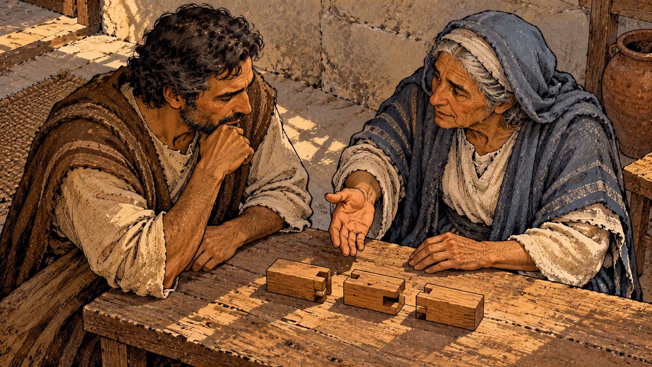 An elderly woman explains fitted wooden pieces to an attentive man at a plain bench.