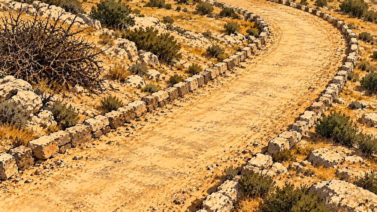 A prepared earthen road curves between low stone edges beside thorny scrub.