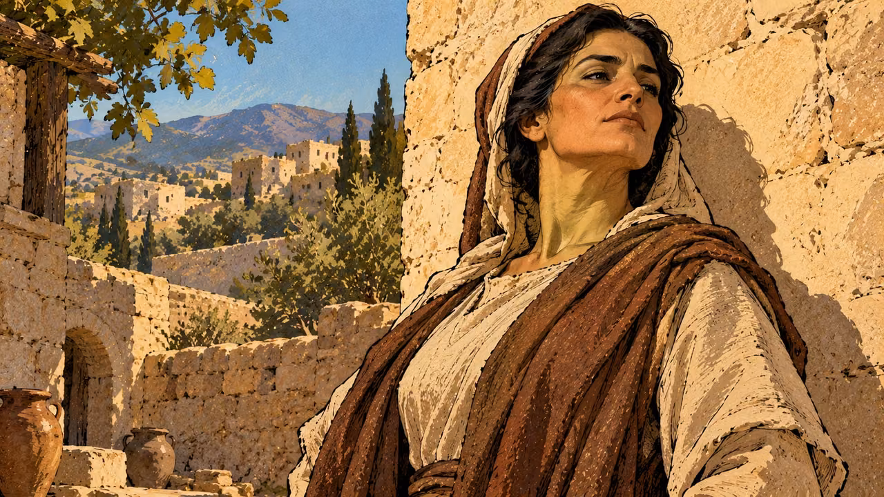 A woman holds her chin high beside a stone wall.
