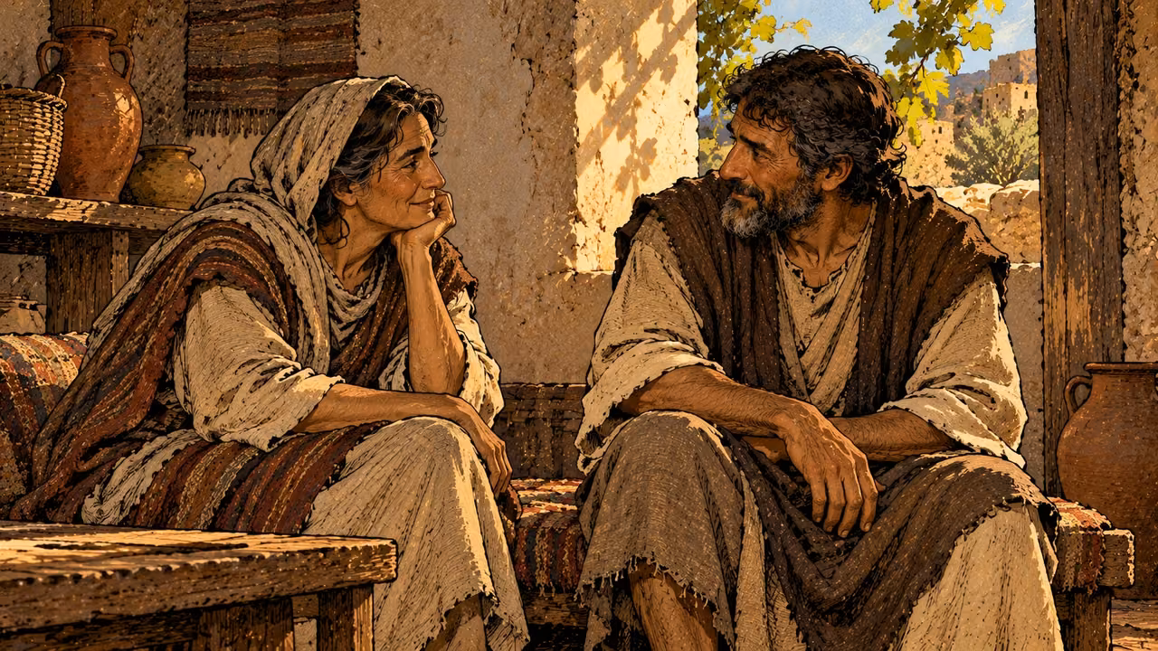 Two companions in worn clothing sit quietly together in a modest home.