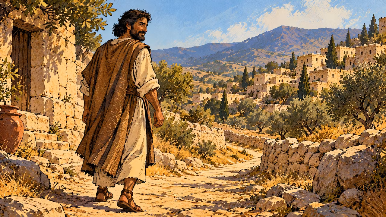 A man glances self-assuredly back over a household path with his hands lowered.
