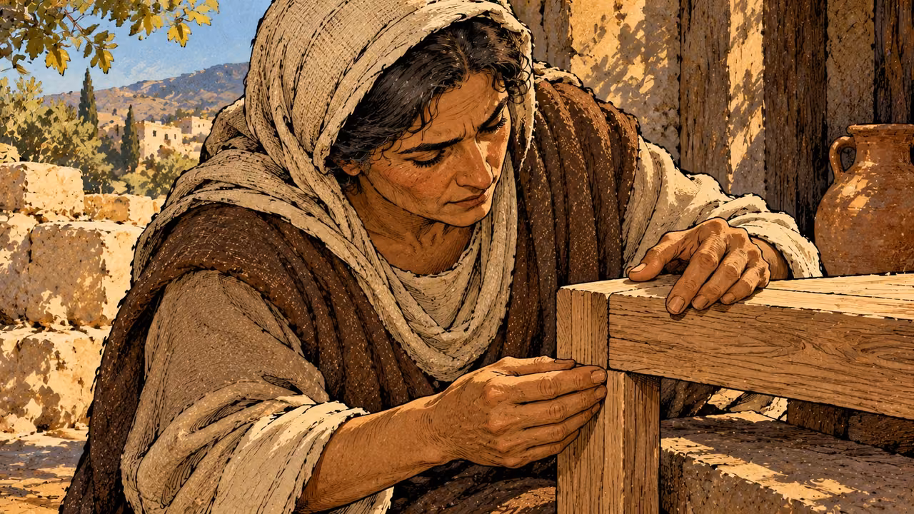A woman closely examines a fitted wooden joint with both hands.