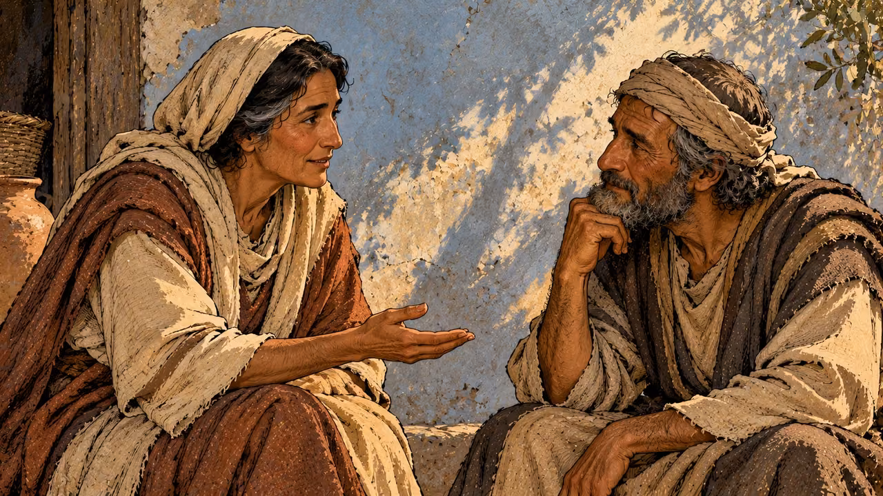 A woman speaks with an open palm while an older man listens attentively.