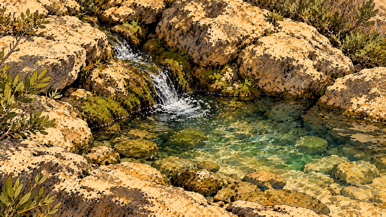 Clear spring water feeds a small rocky pool edged with green plants.