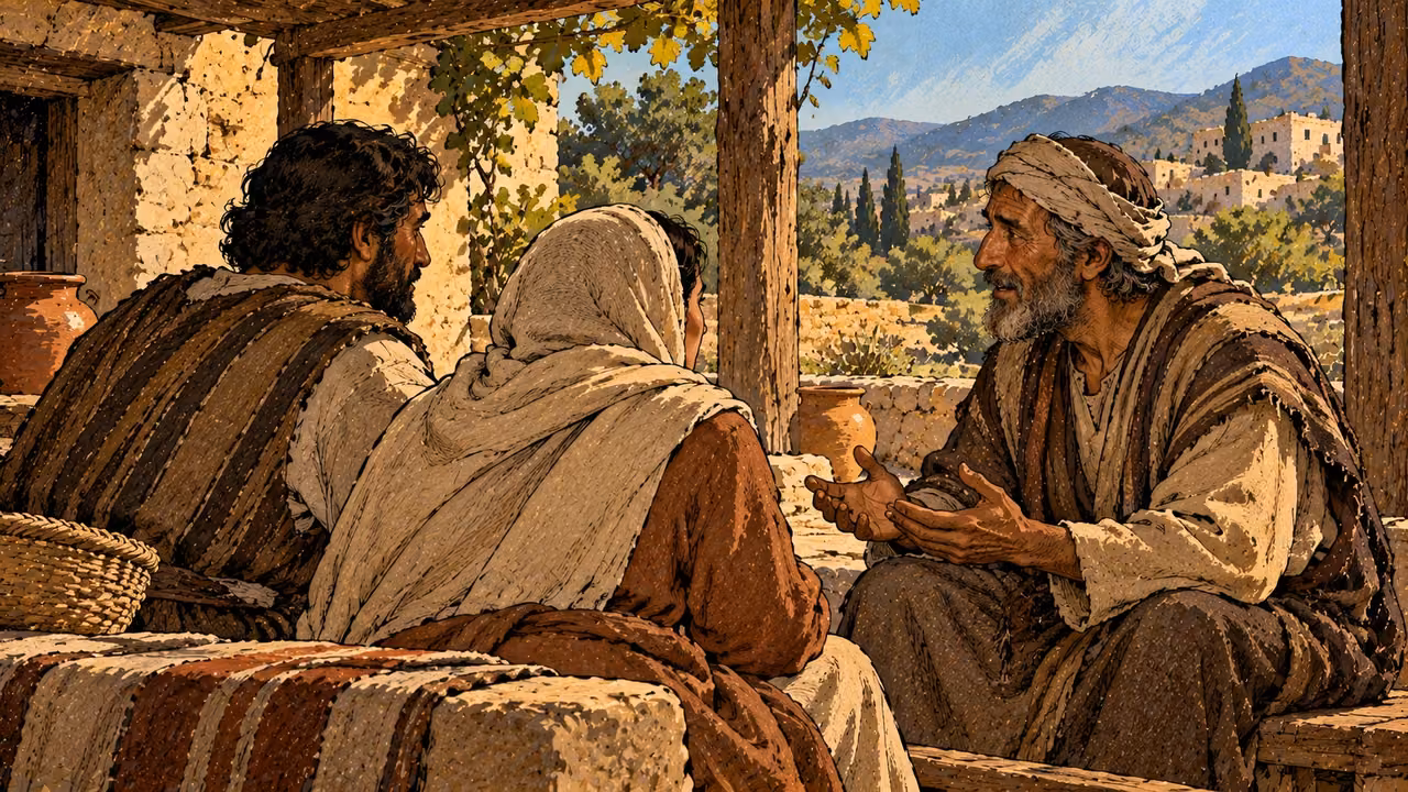 An older speaker addresses two attentive neighbors beneath a household porch.